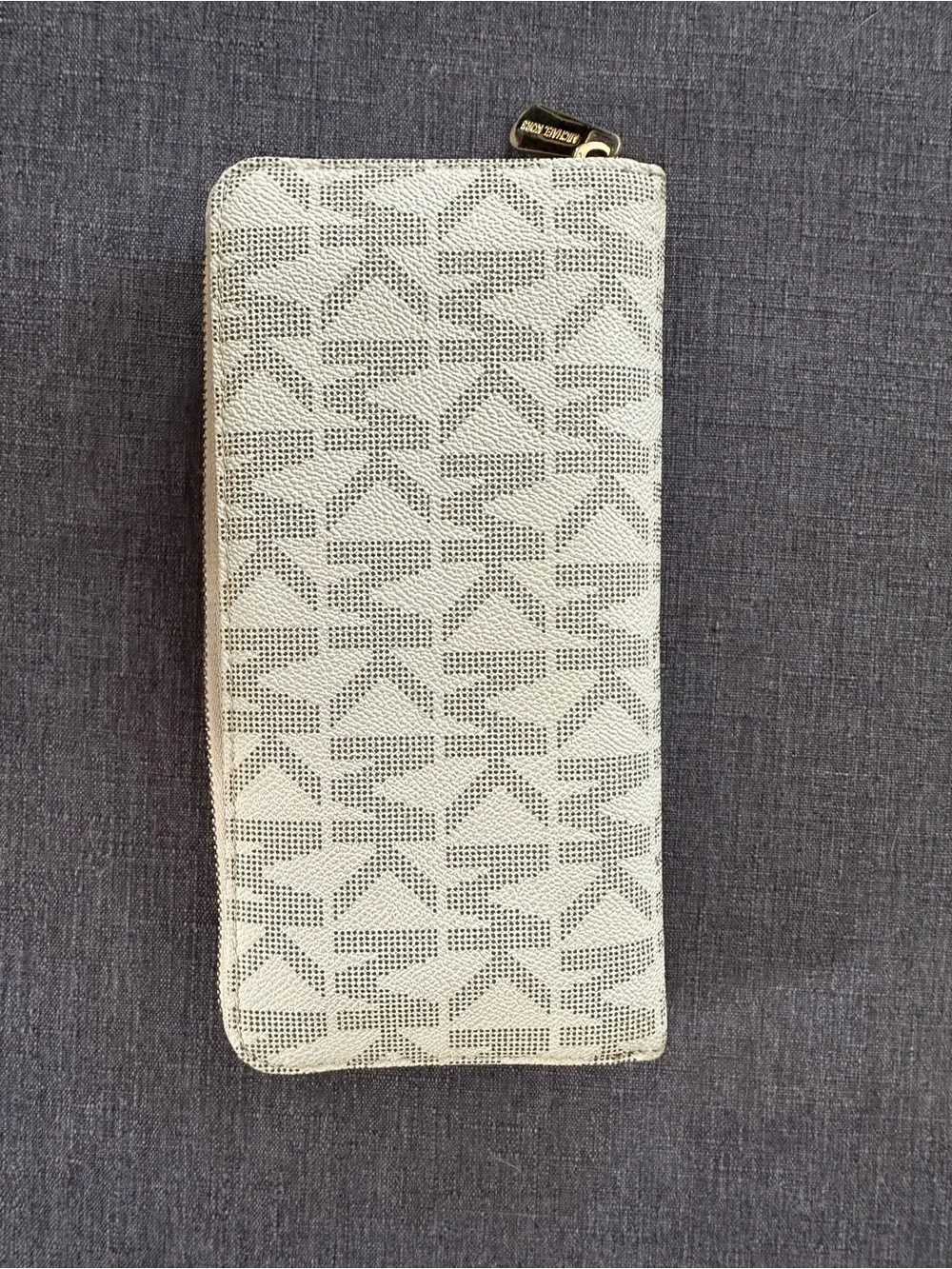 Michael Kors Cream/Beige MK Signature Zip Wallet with Gold Plaque